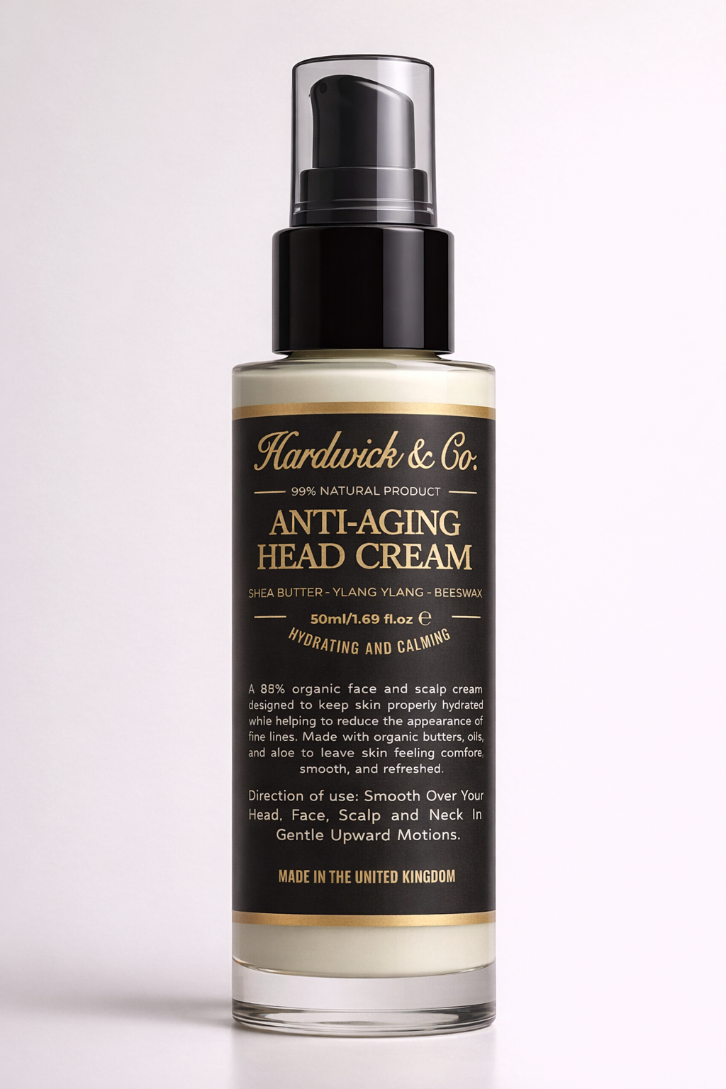 Bottle of Hardwick & Co. anti-aging head cream hydrating and calming