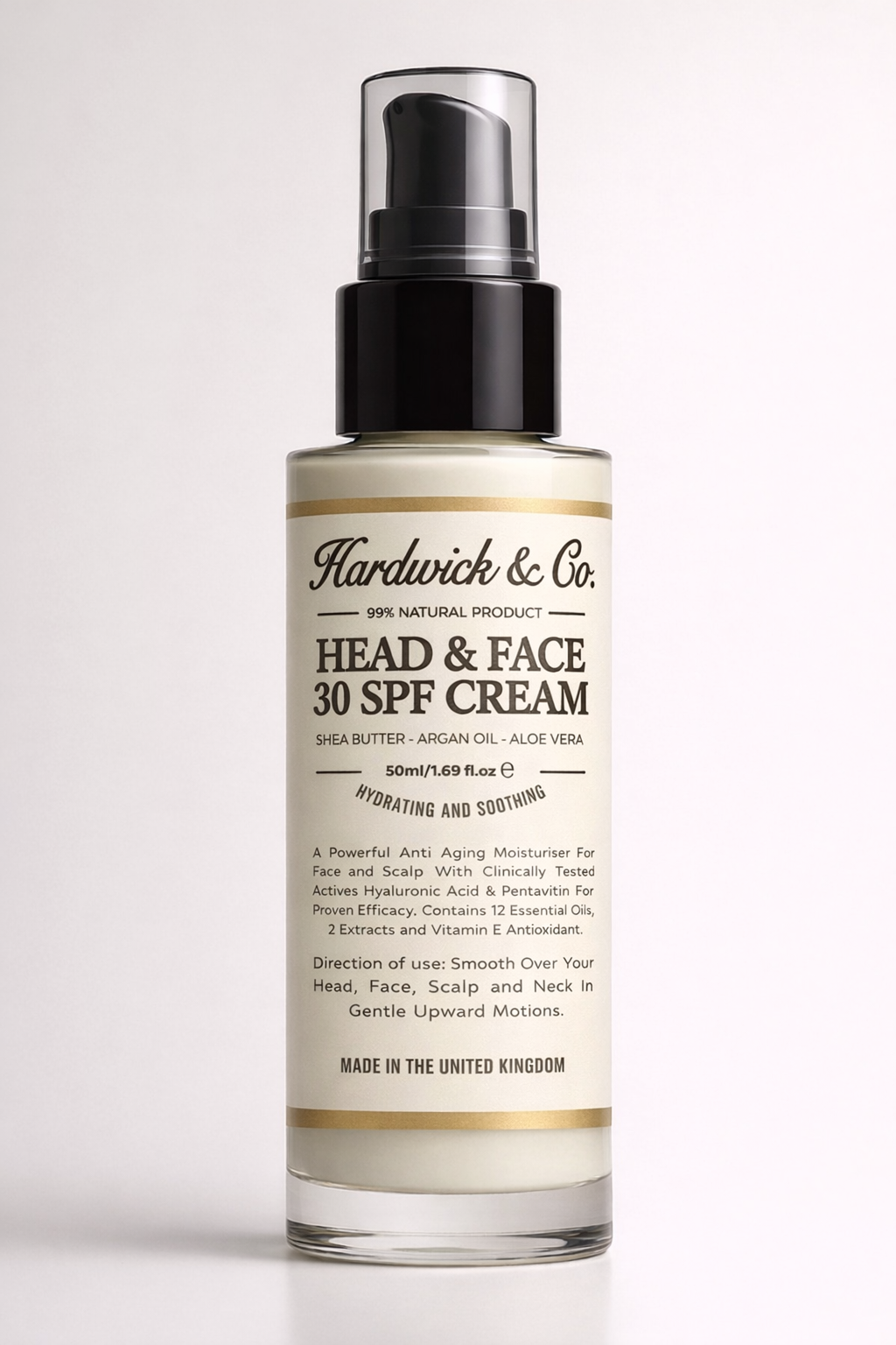Head and Face 30 SPF Cream bottle with Hardwick & Co branding on a light gray background